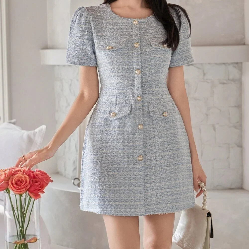 Blue Elegant Women's Faux Pocket Mini Dress Wedding Guest Dress